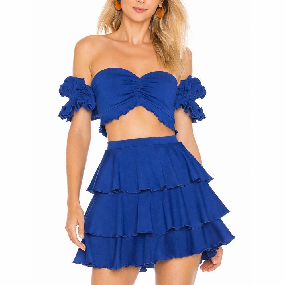 Royal Blue Off-Shoulder Ruffle Skirt Set